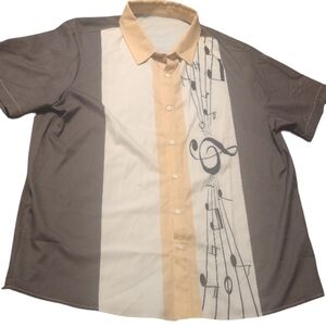 Men's Musical Note Print Shirt - Beige and Gray With Peach Strip